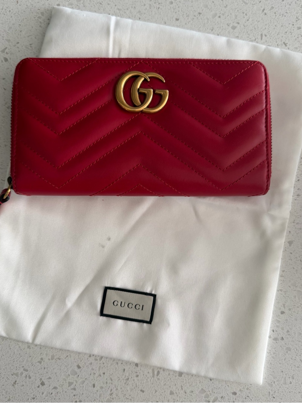 Gucci Red Chevron Quilted Zip-Around Wallet with Gold GG